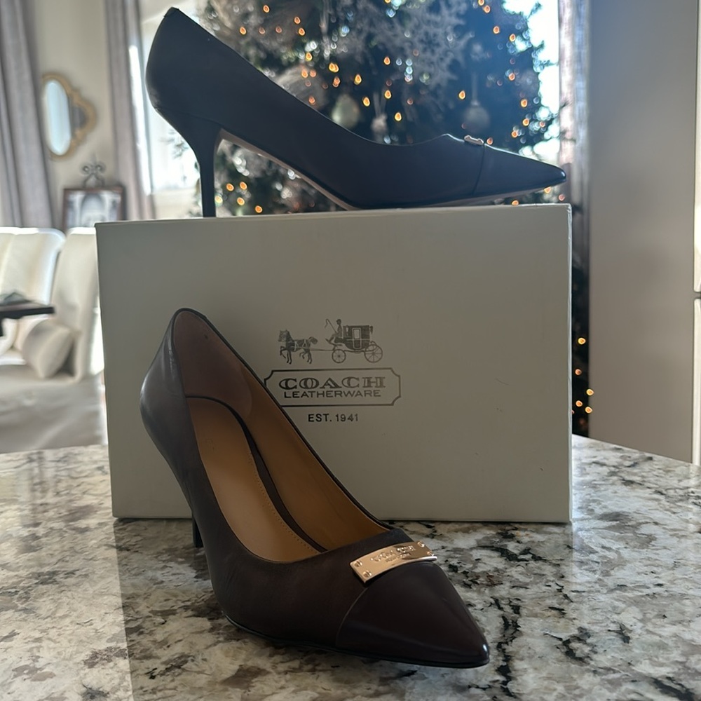 Coach 3” heels, pretty brown leather with metallic sheen. Size 9B, never worn.